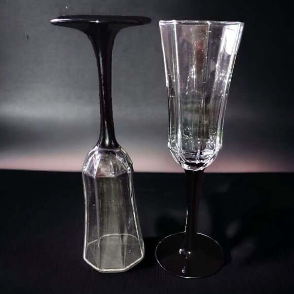 2 Luminarc Arcoroc Octime Domino Champagne Flutes Glasses France Set Black Stem. - Picture 10 of 16